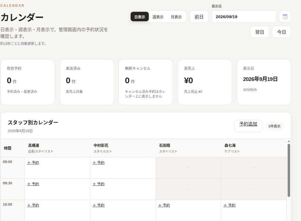BeautyLinksの実際のカレンダー画面。日・週・月の切り替えとスタッフ別の空き時間を確認できます。